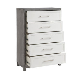 English Elm Five Drawer Chest Ivory Gray Okume Veneer Transitional Bedroom Storage Furniture B011P290771