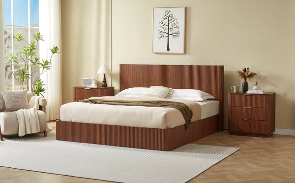 English Elm King Platform Storage Bed Walnut Hydraulic Lift Corrugated Wood Headboard Frame W1820S00060