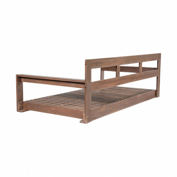 English Elm TOPMAX Acacia Wood Twin Porch Swing Bed Frame with High Back, 350lb Capacity & 118" Hemp Ropes Brown N717P265795D