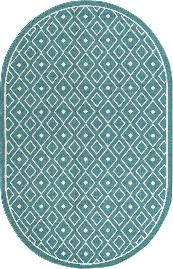 Unique Loom Outdoor Trellis Kafes Machine Made Geometric Rug Teal, Ivory 5' 3" x 8' 0"