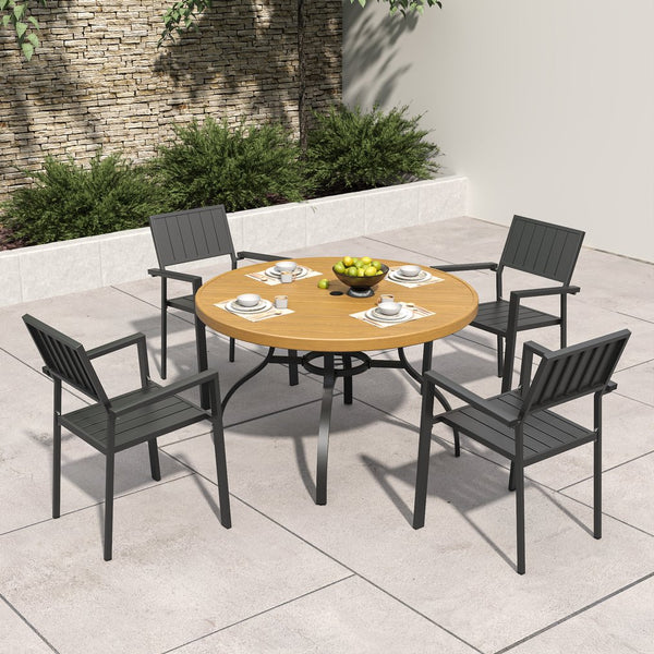 English Elm 5-piece Outdoor Dining Set Round Slatted Table with Umbrella Hole and Stackable Chairs Black+Natural W3979S00050