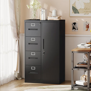 English Elm Metal Four Drawer Filing Cabinet with Lock Steel Storage for Home Office Bedroom Black W2735P457274