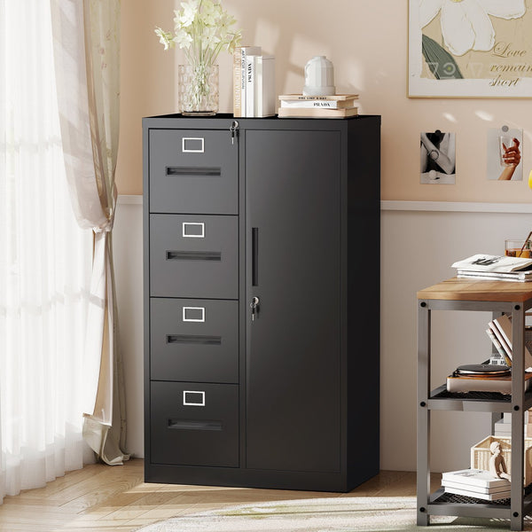 English Elm Metal Four Drawer Filing Cabinet with Lock Steel Storage for Home Office Bedroom Black W2735P457274