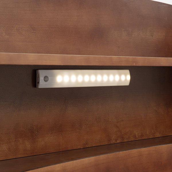 English Elm Full Pine Wood Bed with Bookcase Headboard, LED Motion Sensor, Guardrails & Ample Walnut Storage W504P281004