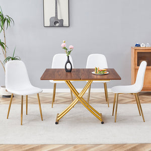 English Elm Table and Chair Set Adjustable Height Mdf Wood Grain Top with Four Linen Dining Chairs Golden+White W1151S03784