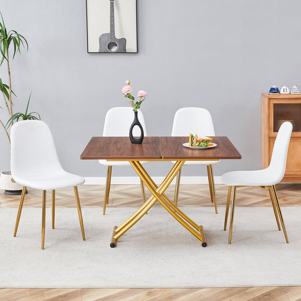 English Elm Table and Chair Set Adjustable Height Mdf Wood Grain Top with Four Linen Dining Chairs Golden+White W1151S03784