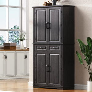 English Elm K&K 71" Tall Farmhouse Pantry Cabinet with Groove Edges, 3 Pull-Out Organizers, 6 Door Shelves Black N707P256507B