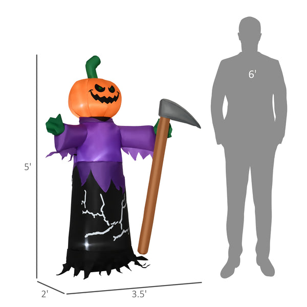 English Elm Outsunny Inflatable 5ft Pumpkin Grim Reaper with Bright LED Lights, Waterproof Yard Décor for Halloween Purple W2225P217525