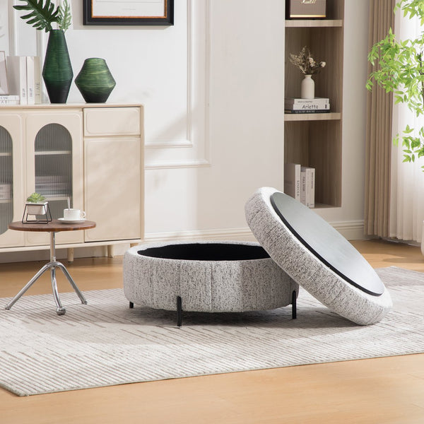 English Elm 39"w Swivel Barrel Club Chair with Channel Tufted Chenille and Round Storage Ottoman Set White+Black W3118S00047