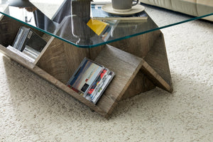 English Elm Tempered Glass Top Coffee Table with Carved Wood Grain Mdf Base and Open Storage W3875P387030