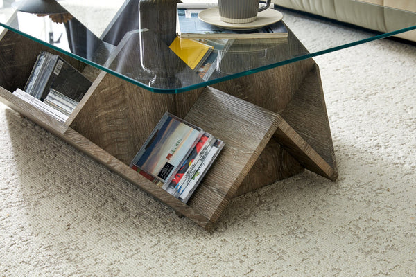 English Elm Tempered Glass Top Coffee Table with Carved Wood Grain Mdf Base and Open Storage W3875P387030