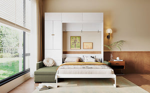 English Elm Queen Murphy Bed with L-shaped Velvet Sofa Storage Cabinets for Studio Living White LP000765AAG-1