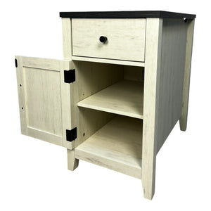 English Elm Farmhouse Nightstand with Charging Station and Barn Door Drawer — USB-C, AC Outlets, Compact Storage White+Black W1412P230408