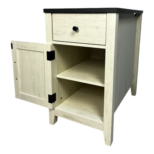 English Elm Farmhouse Nightstand with Charging Station and Barn Door Drawer — USB-C, AC Outlets, Compact Storage White+Black W1412P230408