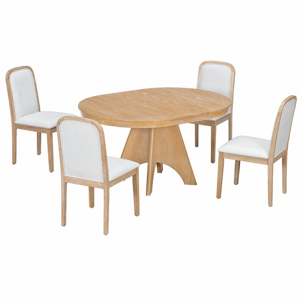 English Elm Trexm Rustic Farmhouse Extendable Dining Set Seats Six with Upholstered Rubberwood Chairs Natural Wood Wash ST000152AAD