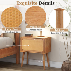 English Elm Rotating Rattan Nightstand Push Open Hidden Storage Mid Century Wood Leg Bedside Natural N761P288451M