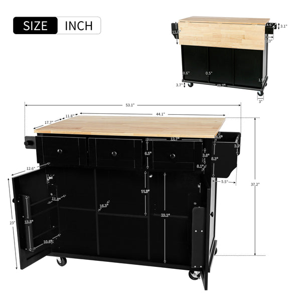 English Elm Kitchen Cart with Drop-Leaf Rubberwood Countertop, Rolling Island with Cabinet, Drawers & Racks for Dining Room - Stylish Durable Storage Solution Black WF298028AAB