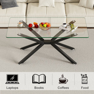 English Elm 39.37" Rectangular Clear Tempered Glass Coffee Table With Black Metal Legs For Modern Living Spaces W241P227952