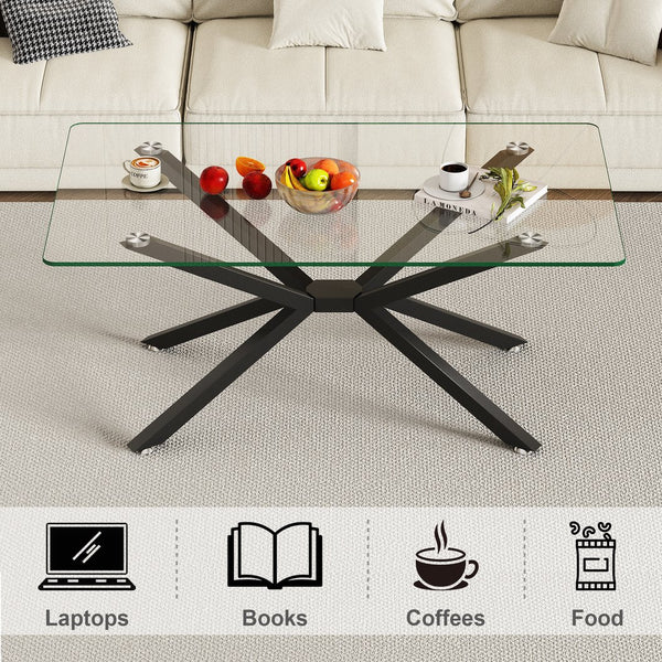 English Elm 39.37" Rectangular Clear Tempered Glass Coffee Table With Black Metal Legs For Modern Living Spaces W241P227952