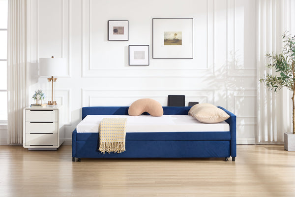 English Elm Upholstered Velvet Daybed with Pull Out Trundle Diamond Tufted Guest Bedroom Sofa Navy W1361S00068