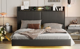 English Elm Queen Size Floating Bed Frame With Storage Headboard, Modern Upholstered Platform Bed With Touch Sensor Night Light and Usb Charger, Black