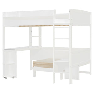English Elm Full Size Loft Bed with Rotating Desk Led Lighting Sofa and Bookshelf Storage White LT000200AAK