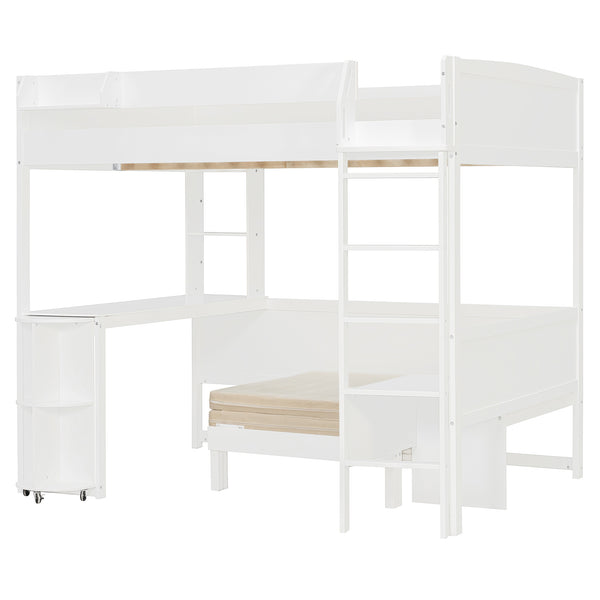 English Elm Full Size Loft Bed with Rotating Desk Led Lighting Sofa and Bookshelf Storage White LT000200AAK