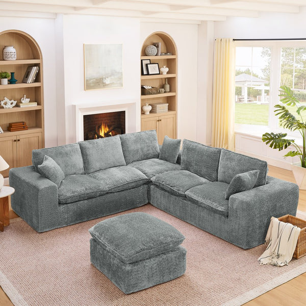 English Elm 107'' Boucle Modular Sectional Sofa Deep Cloud Cushions Reversible Chaise Living Room Grey W1413S00164