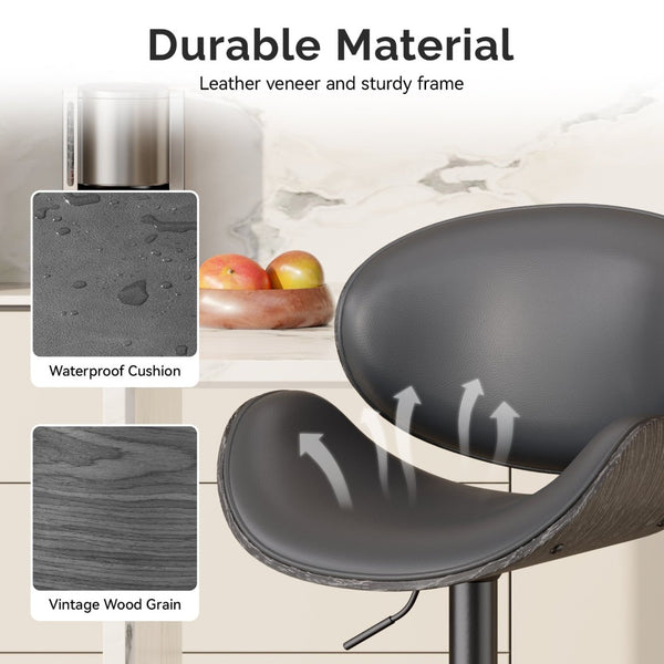 English Elm Swivel Bar Stools Set Of 2 - Adjustable Height, 360° Swivel, Grey Pu Leather Comfort For Kitchen T3950P394490-GIGA