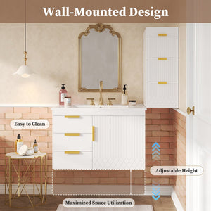 English Elm 30" Bathroom Vanity with Sink — Wall-Mounted Ceramic Basin, Soft-Close Storage, Floating Modern Design White N710S324096K