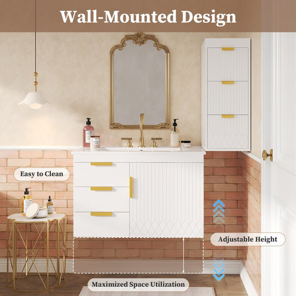 English Elm 30" Bathroom Vanity with Sink — Wall-Mounted Ceramic Basin, Soft-Close Storage, Floating Modern Design White N710S324096K