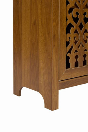 English Elm Hand-carved Solid Wood Tall Narrow Cabinet with Floral Arched Doors and Open Shelving W3123P485765