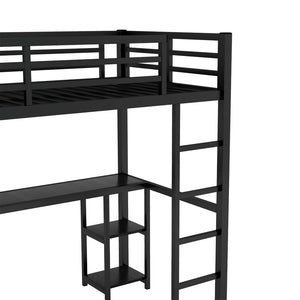 English Elm Twin Xl Loft Bed Frame With Desk & Wardrobe, Space-Saving Metal Design With Storage Shelves, Black W1580S00119-GIGA