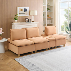 English Elm 104-inch pumpkin flannel three-seater sofa with storage cabinet, cup holders, adjustable backrest, comfy modern design Light Brown W1658S00095
