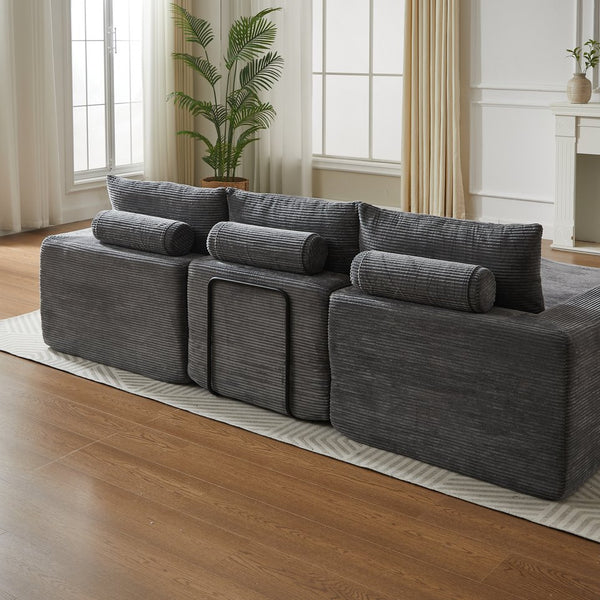 English Elm 99-Inch L-Shaped Corduroy Sectional Sofa With Chaise, Neck Pillows, And No Assembly Needed, Grey W834S00491