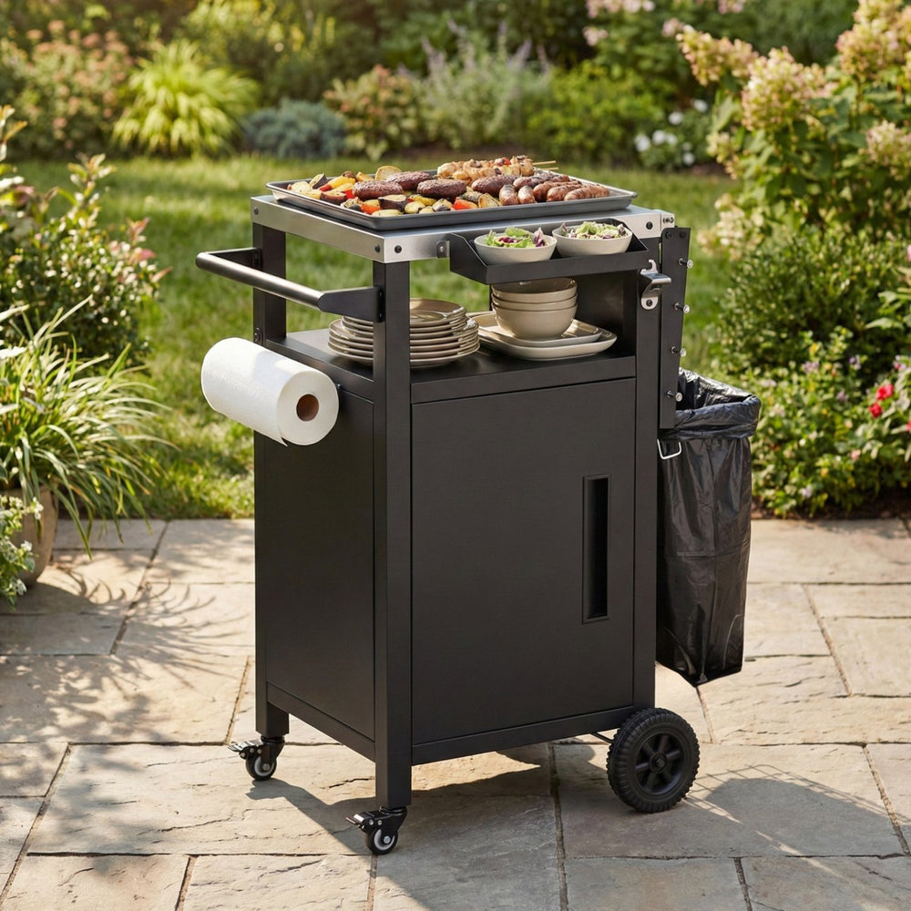 English Elm K&k Outdoor Grill Cart Stainless Steel Prep Station with Storage and Drop Leaf N707P379798B