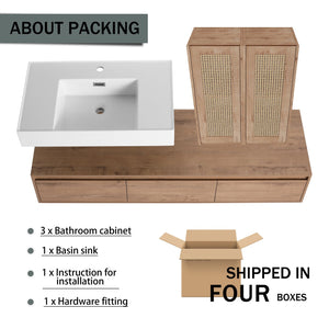 English Elm 60-Inch Wall-Mounted Bathroom Vanity With Integrated Resin Sink, Soft-Close Drawers & Elegant Oak Finish W999S00358
