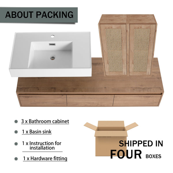 English Elm 60-Inch Wall-Mounted Bathroom Vanity With Integrated Resin Sink, Soft-Close Drawers & Elegant Oak Finish W999S00358