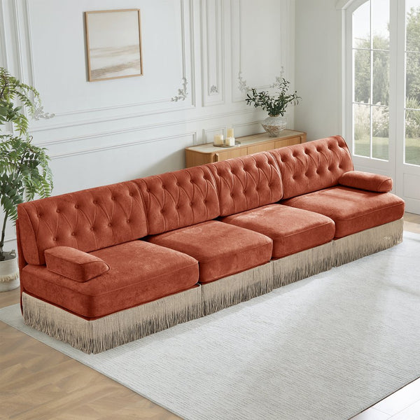English Elm 135" Modular Chesterfield Sectional Sofa Velvet Tufted Tassel Skirt Lounge Seating Red+Brown W714S01725