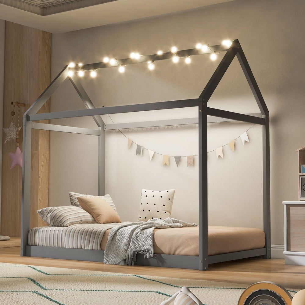 English Elm Twin House Bed Pine Wood Frame with Peaked Roofline Low Profile Kids Bedroom WF197557AAE