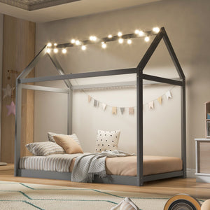 English Elm Twin House Bed Pine Wood Frame with Peaked Roofline Low Profile Kids Bedroom WF197557AAE