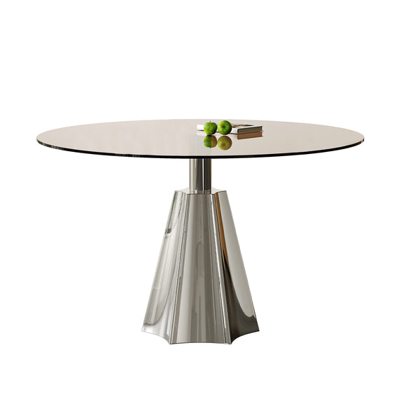 English Elm Compact Round Pedestal Dining Table Black Tempered Glass Mid-century Silver Base W2700S00080