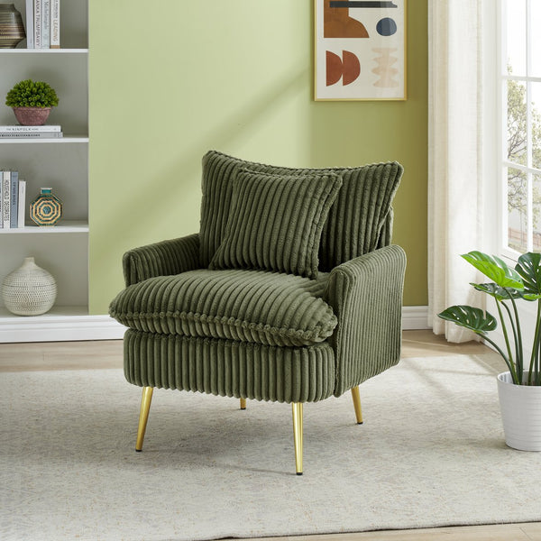 English Elm 30.31 Modern Corduroy Single Chair Sofa with Sponge Cushion, Solid Wood Frame & White Metal Legs Green W1278P360536
