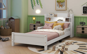 English Elm Twin Pine Wood Bed with Bookcase Headboard LED Motion Sensor Light Guardrails Ample Storage Space White W504P277596