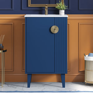 English Elm 20-inch French Style Bathroom Vanity with Integrated Ceramic Sink, Carved Accents & Soft-Close Door Blue N710P330971C