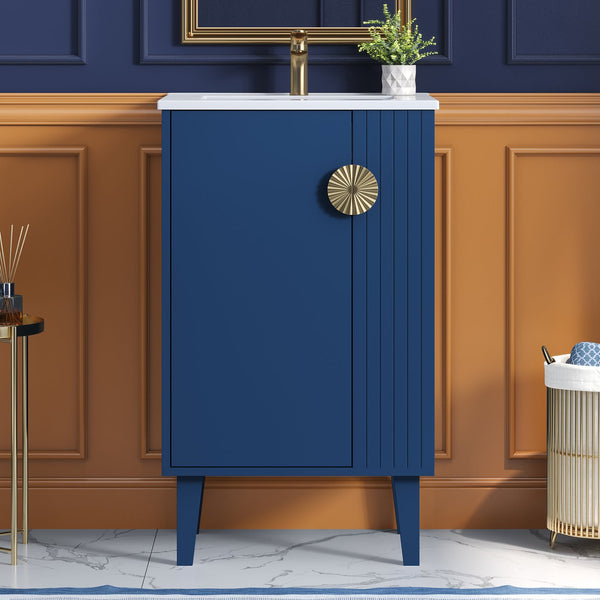 English Elm 20-inch French Style Bathroom Vanity with Integrated Ceramic Sink, Carved Accents & Soft-Close Door Blue N710P330971C