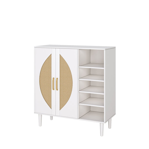 English Elm 20 Pairs Shoe Storage Cabinet White Light Oak with Handwoven Rattan Panels, 8 Adjustable Shelves, Anti-Tip Handles T3833P366595