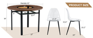 English Elm Table and Chair Set 42 Inch Round Wood Grain Dining with Six Transparent Plastic Seats W1151S04490
