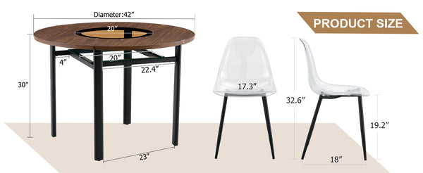 English Elm Table and Chair Set 42 Inch Round Wood Grain Dining with Six Transparent Plastic Seats W1151S04490