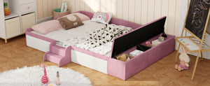 English Elm Queen Velvet Daybed with Built-in Stairs Gas Lift Storage and Padded Safety Rails Pink+White SF000203AAH